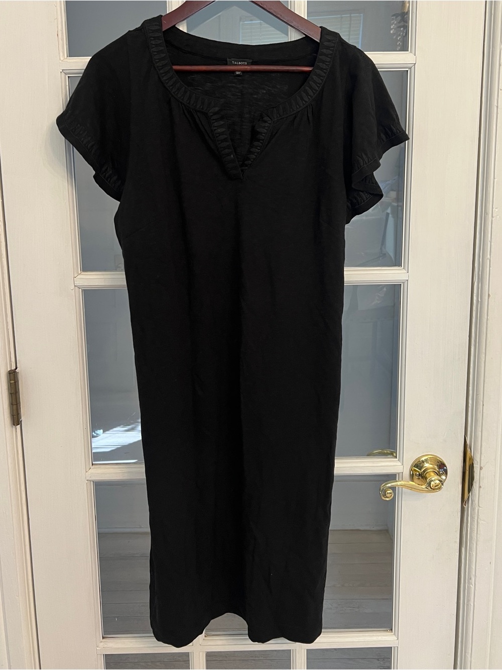 TALBOTS Women’s Black Cotton Embroidered V-Neck Flutter Sleeve Midi Dress L